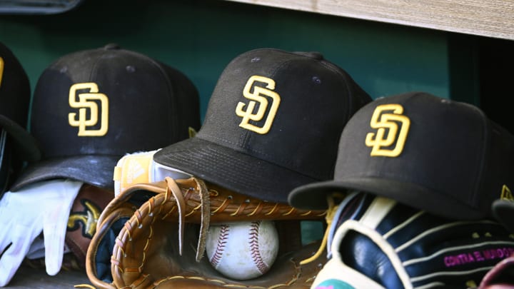 May 24, 2023; Washington, District of Columbia, USA; San Diego Padres hats in the dugout during the game against the Washington Nationals at Nationals Park. Mandatory Credit: Brad Mills-USA TODAY Sports