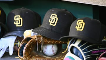 May 24, 2023; Washington, District of Columbia, USA; San Diego Padres hats in the dugout during the game against the Washington Nationals at Nationals Park. Mandatory Credit: Brad Mills-Imagn Images