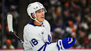Nov 3, 2024; Saint Paul, Minnesota, USA; Toronto Maple Leafs right wing Mitch Marner (16) looks on during the second period against the Minnesota Wild at Xcel Energy Center. Mandatory Credit: Brace Hemmelgarn-Imagn Images