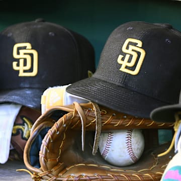 May 24, 2023; Washington, District of Columbia, USA; San Diego Padres hats in the dugout during the game against the Washington Nationals at Nationals Park. Mandatory Credit: Brad Mills-Imagn Images