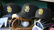 May 24, 2023; Washington, District of Columbia, USA; San Diego Padres hats in the dugout during the game against the Washington Nationals at Nationals Park.