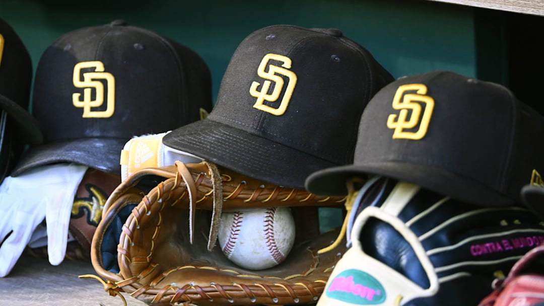 May 24, 2023; Washington, District of Columbia, USA; San Diego Padres hats in the dugout during the game against the Washington Nationals at Nationals Park. Mandatory Credit: Brad Mills-Imagn Images