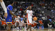 Mar 20, 2025; Providence, RI, USA; Clemson Tigers guard Del Jones (10) controls the ball against the McNeese State Cowboys during the first half at Amica Mutual Pavilion. Mandatory Credit: Eric Canha-Imagn Images