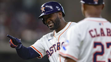 Aug 30, 2025; Houston, Texas, USA; Houston Astros designated hitter Yordan Alvarez (44) points towards the dugout after hitting a single during the first inning against the Los Angeles Angels at Daikin Park.