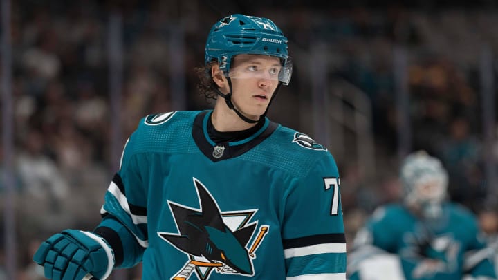 Oct 19, 2023; San Jose, California, USA;  San Jose Sharks defenseman Nikolai Knyzhov (71) during the first period against the Boston Bruins at SAP Center at San Jose. Mandatory Credit: Stan Szeto-USA TODAY Sports