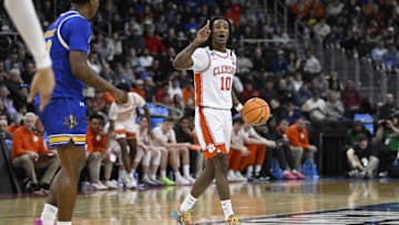 Mar 20, 2025; Providence, RI, USA; Clemson Tigers guard Del Jones (10) controls the ball against the McNeese State Cowboys during the first half at Amica Mutual Pavilion. Mandatory Credit: Eric Canha-Imagn Images