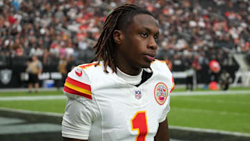 Oct 27, 2024; Paradise, Nevada, USA; Kansas City Chiefs wide receiver Xavier Worthy (1) in the second half against the Las Vegas Raiders at Allegiant Stadium. Mandatory Credit: Kirby Lee-Imagn Images