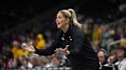 Mar 8, 2025; Kansas City, MO, USA; Oklahoma State Cowgirls head coach Jacie Hoyt on the sideline during the first half against the Baylor Lady Bears at T-Mobile Center. Mandatory Credit: Amy Kontras-Imagn Images