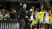 Jan 18, 2025; Eugene, Oregon, USA; Oregon Ducks head coach Dana Altman reacts during the second half against the Purdue Boilermakers at Matthew Knight Arena. Mandatory Credit: Craig Strobeck-Imagn Images