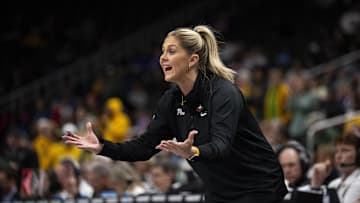 Mar 8, 2025; Kansas City, MO, USA; Oklahoma State Cowgirls head coach Jacie Hoyt on the sideline during the first half against the Baylor Lady Bears at T-Mobile Center. Mandatory Credit: Amy Kontras-Imagn Images
