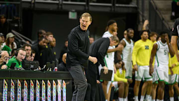 Jan 18, 2025; Eugene, Oregon, USA; Oregon Ducks head coach Dana Altman reacts during the second half against the Purdue Boilermakers at Matthew Knight Arena. Mandatory Credit: Craig Strobeck-Imagn Images
