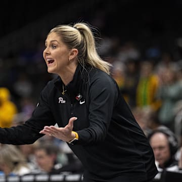Mar 8, 2025; Kansas City, MO, USA; Oklahoma State Cowgirls head coach Jacie Hoyt on the sideline during the first half against the Baylor Lady Bears at T-Mobile Center. Mandatory Credit: Amy Kontras-Imagn Images