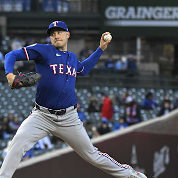 Texas Rangers pitcher Patrick Corbin (46) delivers against the Chicago Cubs during the first inning at Wrigley Field on April 8.