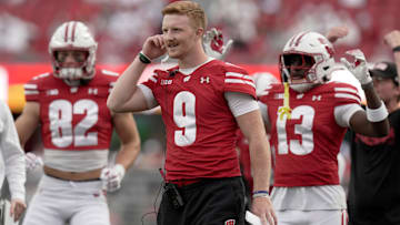 Injured Wisconsin quarterback Billy Edwards Jr. (9) is shown during the fourth quarter of the game Saturday, September 6, 2025 at Camp Randall Stadium in Madison, Wisconsin. Wisconsin beat Middle Tennessee 42-10.