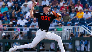 Jun 13, 2025; Omaha, Neb, USA; Oregon State Beavers starting pitcher Dax Whitney (30) pitches against the Louisville Cardinals during the first inning at Charles Schwab Field. Mandatory Credit: Dylan Widger-Imagn Images