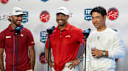 Max Homa, Tiger Woods and Tom Kim of Jupiter Links GC answer questions from reporters after their TGL match against Atlanta Drive GC at SoFi Center on March 4, 2025, in Palm Beach Gardens, Florida.