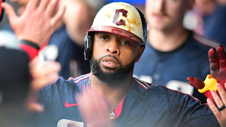 Aug 1, 2025: Cleveland Guardians first baseman Carlos Santana (41) celebrates after scoring during the second inning against the Minnesota Twins at Progressive Field. 