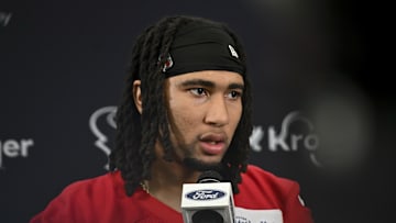 Jun 10, 2025; Houston, TX, USA; Houston Texans quarterback C.J. Stroud speaks at a press conference after an NFL football minicamp at NRG Stadium. Mandatory Credit: Maria Lysaker-Imagn Images 