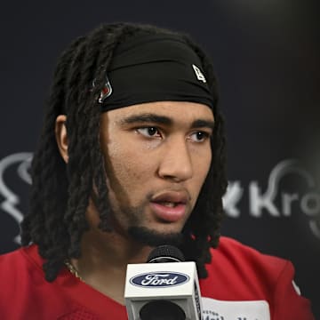Jun 10, 2025; Houston, TX, USA; Houston Texans quarterback C.J. Stroud speaks at a press conference after an NFL football minicamp at NRG Stadium. Mandatory Credit: Maria Lysaker-Imagn Images 