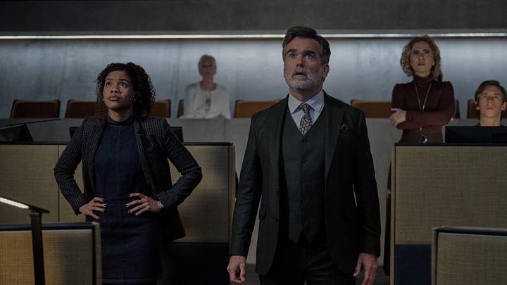 THE COPENHAGEN TEST -- Episode 105 -- Pictured: (l-r) Sinclair Daniel as Parker, Brian D’Arcy James Sara Amini as Ellie — (Photo by: Christos Kalohoridis/PEACOCK)