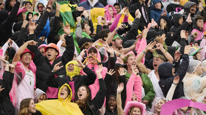 Oct 22, 2022; Eugene, Oregon, USA; Oregon Ducks fans celebrate dressed in pink during the second