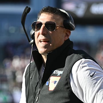Nov 2, 2025; Foxborough, Massachusetts, USA; New England Patriots head coach Mike Vrabel reacts during the first quarter against the Atlanta Falcons at Gillette Stadium. Mandatory Credit: Eric Canha-Imagn Images