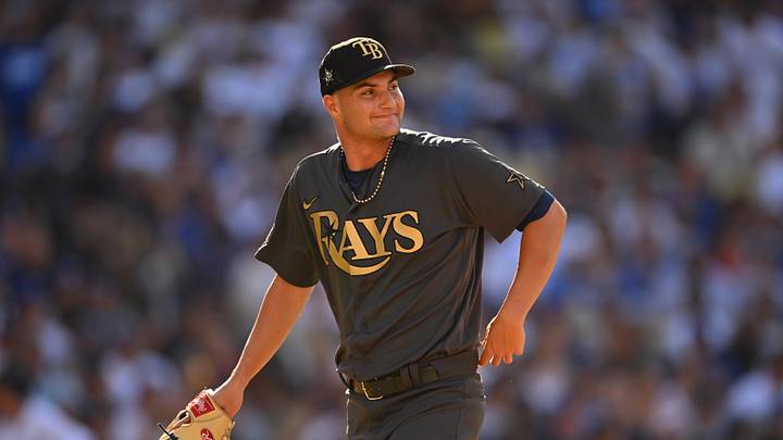 Jul 19, 2022; Los Angeles, California, USA; American League starting pitcher Shane McClanahan (18) of the Tampa Bay Rays reacts after pitching in the second inning against the National League at Dodger Stadium. Mandatory Credit: Jayne Kamin-Oncea-Imagn Images