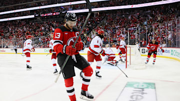 Nico Hischier (Devils captain #13) celebrating his goal during Game 4