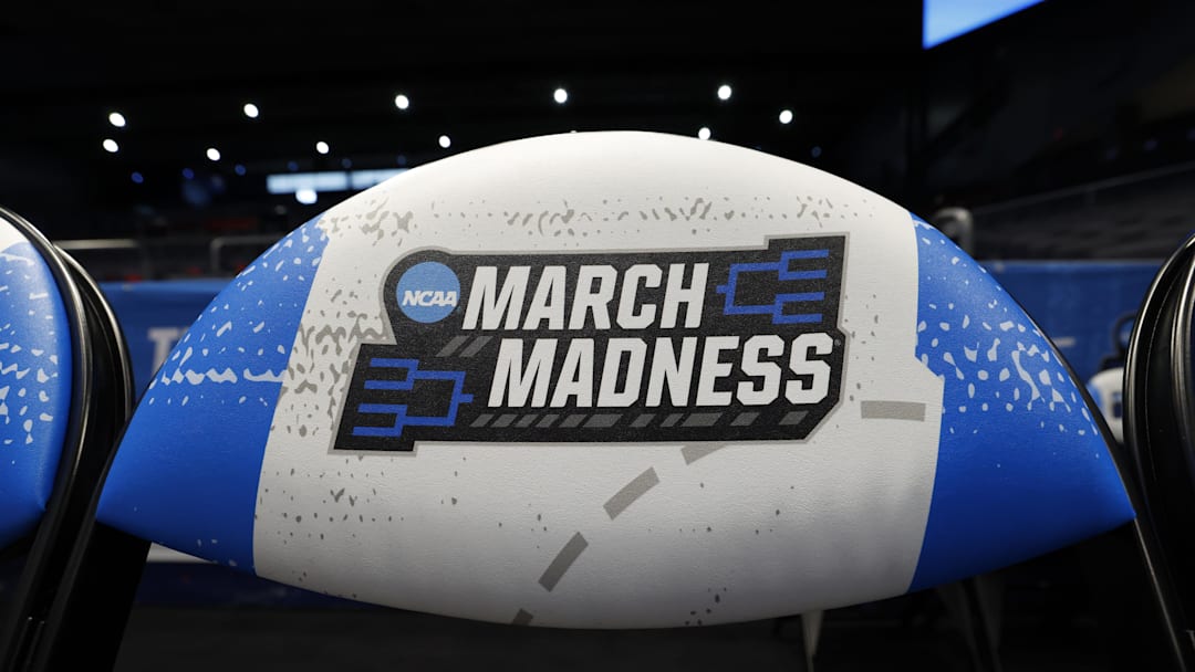 Mar 16, 2026; Dayton, OH, USA; Detailed viewed of March Madness logo during a practice session ahead of the first four of the men's 2026 NCAA Tournament at University of Dayton Arena. Mandatory Credit: Rick Osentoski-Imagn Images