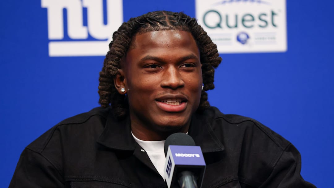 Apr 24, 2026; East Rutherford, NJ, USA; New York Giants draft pick Arvell Reese addresses the media during the introductory press conference at Quest Diagnostics Training Center.