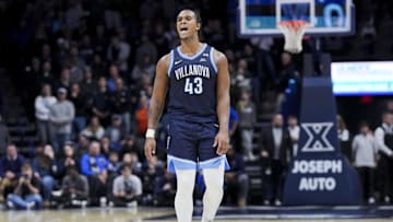 Jan 14, 2025; Cincinnati, Ohio, USA;  Villanova Wildcats forward Eric Dixon (43) reacts on the court against the Xavier Musketeers in the second half at the Cintas Center. Mandatory Credit: Aaron Doster-Imagn Images
