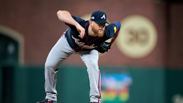 Jun 6, 2025; San Francisco, California, USA; Atlanta Braves pitcher Craig Kimbrel (46) looks at the catcher against the San Francisco Giants during the seventh inning at Oracle Park. Mandatory Credit: Robert Edwards-Imagn Images