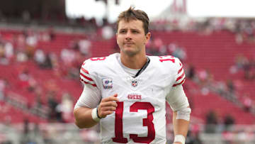 Sep 28, 2025; Santa Clara, California, USA; San Francisco 49ers quarterback Brock Purdy (13) after the game against the Jacksonville Jaguars at Levi's Stadium. Mandatory Credit: Darren Yamashita-Imagn Images