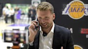 Los Angeles Lakers' Luka Doncic is interviewed by ESPN LA radio following a press conference.
