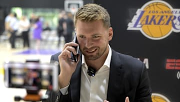 Los Angeles Lakers' Luka Doncic is interviewed by ESPN LA radio following a press conference.