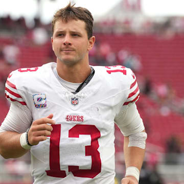 Sep 28, 2025; Santa Clara, California, USA; San Francisco 49ers quarterback Brock Purdy (13) after the game against the Jacksonville Jaguars at Levi's Stadium. Mandatory Credit: Darren Yamashita-Imagn Images