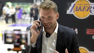 Los Angeles Lakers Luka Doncic is interviewed by ESPN LA radio following a press conference.