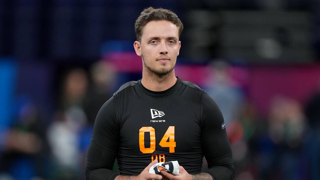 Feb 28, 2026; Indianapolis, IN, USA; Miami quarterback Carson Beck (QB04) during the NFL Scouting Combine at Lucas Oil Stadium. Mandatory Credit: Kirby Lee-Imagn Images