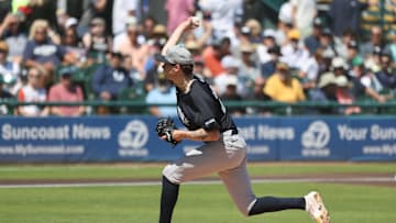 Mar 11, 2025; Bradenton, Florida, USA;  New York Yankees starting pitcher Cam Schlittler (76) throws a pitch during the first inning against the Pittsburgh Pirates at LECOM Park. Mandatory Credit: Kim Klement Neitzel-Imagn Images