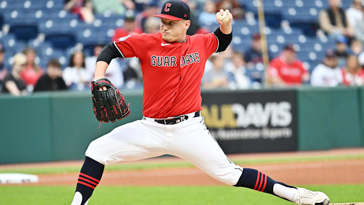 Apr 21, 2026: Cleveland Guardians starting pitcher Parker Messick (77) throws a pitch during the first inning against the Houston Astros at Progressive Field. 