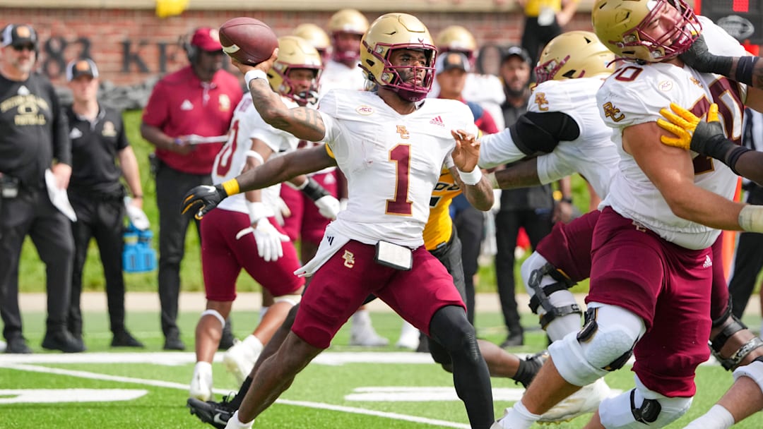 Sep 14, 2024; Columbia, Missouri, USA; Boston College Eagles quarterback Thomas Castellanos (1) throws a pass against the Missouri Tigers during the second half at Faurot Field at Memorial Stadium. Mandatory Credit: Denny Medley-Imagn Images