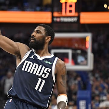 May 26, 2024; Dallas, Texas, USA; Dallas Mavericks guard Kyrie Irving (11) reacts in the second half against the Minnesota Timberwolves during game three of the western conference finals for the 2024 NBA playoffs at American Airlines Center. Mandatory Credit: Jerome Miron-Imagn Images