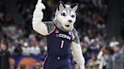 Apr 6, 2025; Tampa, FL, USA; Jonathan the Husky, mascot for the Connecticut Huskies, performs during the first half against the South Carolina Gamecocks of the national championship of the women's 2025 NCAA tournament at Amalie Arena. Mandatory Credit: Kirby Lee-Imagn Images