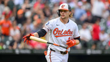 Aug 18, 2024; Baltimore, Maryland, USA; Baltimore Orioles shortstop Gunnar Henderson (2) reacts after hitting a home run during the sixth inning against the Boston Red Sox at Oriole Park at Camden Yards.