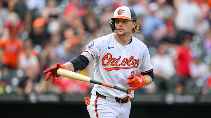 Aug 18, 2024; Baltimore, Maryland, USA; Baltimore Orioles shortstop Gunnar Henderson (2) reacts after hitting a home run during the sixth inning against the Boston Red Sox at Oriole Park at Camden Yards.