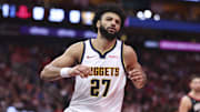 Nov 21, 2025; Houston, Texas, USA; Denver Nuggets guard Jamal Murray (27) reacts after scoring a basket during the third quarter against the Houston Rockets at Toyota Center. Mandatory Credit: Troy Taormina-Imagn Images