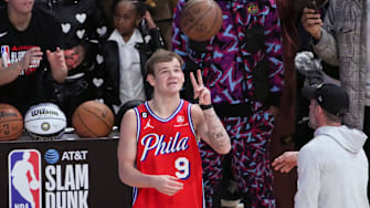 Feb 18, 2023; Salt Lake City, UT, USA; Philadelphia 76ers guard Mac McClung (9) reacts in the Dunk Contest during the 2023 All Star Saturday Night at Vivint Arena. Mandatory Credit: Kirby Lee-Imagn Images