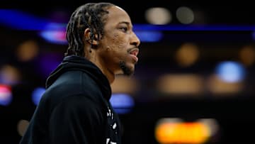 Jan 3, 2025; Sacramento, California, USA; Sacramento Kings forward DeMar DeRozan (10) warms up before the game against the Memphis Grizzlies at Golden 1 Center. Mandatory Credit: Sergio Estrada-Imagn Images