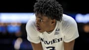 Jan 14, 2025; Cincinnati, Ohio, USA;  Xavier Musketeers guard Dailyn Swain (3) stands on the court against the Villanova Wildcats in the first half at the Cintas Center. Mandatory Credit: Aaron Doster-Imagn Images