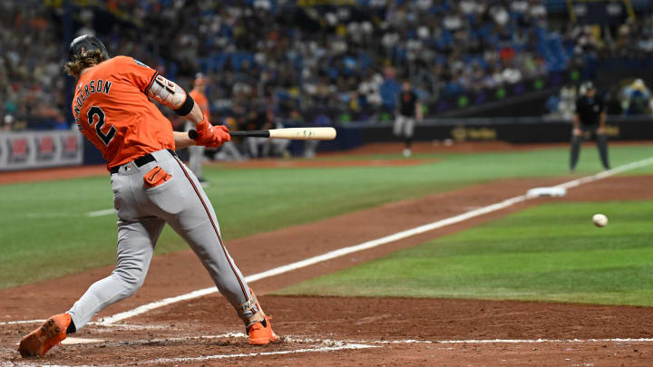 Aug 10, 2024; St. Petersburg, Florida, USA; Baltimore Orioles shortstop Gunnar Henderson (2) singles in the fifth inning against the Tampa Bay Rays at Tropicana Field. 